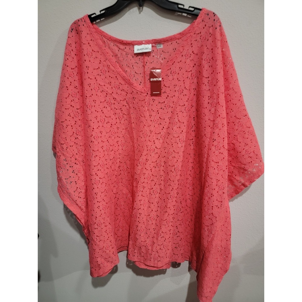 Avenue Women Shirt Top Size 26/28 Lace Semi-sheer Salmon Batwing Sleeves NWT